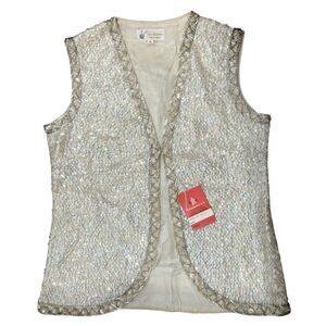 Vintage Harilela's Hand beaded wool sweater vest Iridescent Sequins 60s NOS
